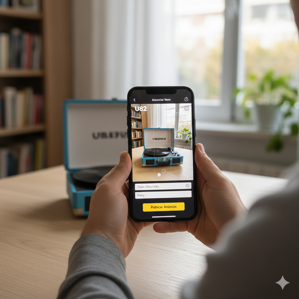 Pessoa fotografando item usado para anunciar no Desapego do U82 Já